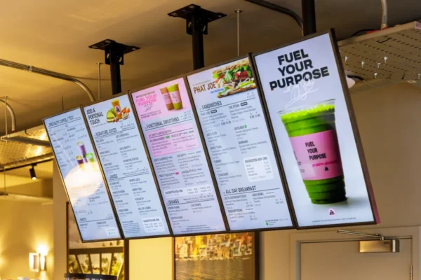 Digital menu boards inside Joe & The Juice Windsor store