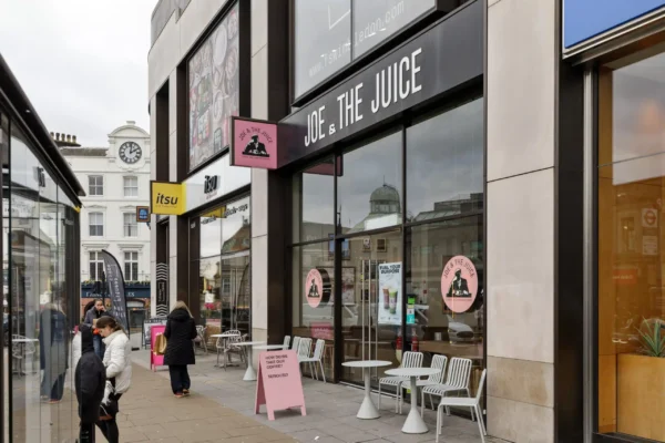 Joe & The Juice fascia, projecting sign and window graphics on the new Wimbledon shopfront